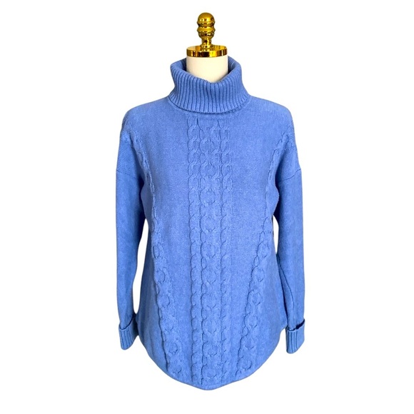 LL BEAN | Women’s Cotton Fisherman Cable Knit Turtleneck Sweater in Blue Size L - Picture 2 of 9